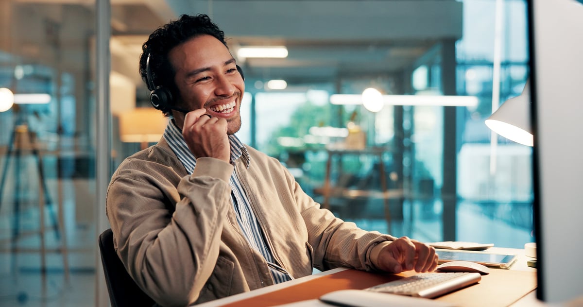 Headset, laughing and support with man in call center for assistance, consulting or feedback