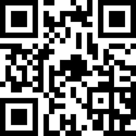 QR code with three position markers in corners, standard black and white pixelated data pattern